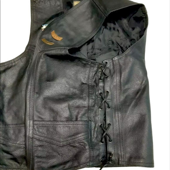 Men’s 46 TENNESSEE LEATHER Motorcycle Biker Vest Black Laces Lined Pins Patches - Picture 4 of 4